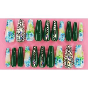Easter Sunday Green Glitz Long Coffin Gloss Finish Press On Nails Long